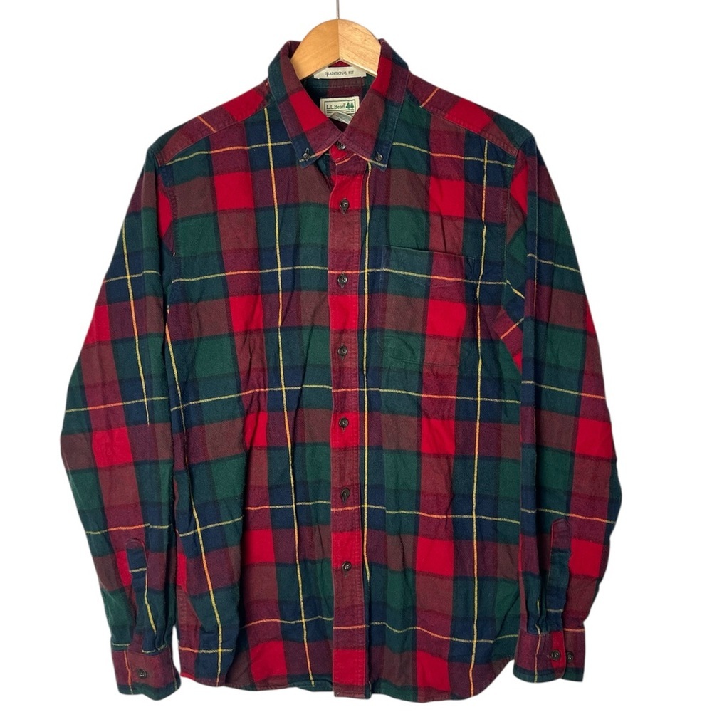 L.L Bean Men’s Scotch Plaid Flannel Button Down Red Multicolor Holiday Medium